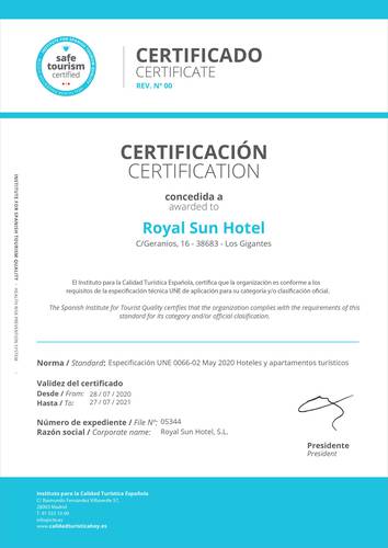 Certificate of safe tourism Royal Sun Resort Acantilado de los Gigantes